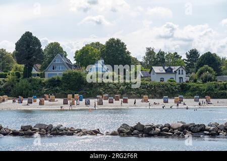 Case, spiaggia, Schilksee, Kiel, Schleswig-Holstein, Germania Foto Stock