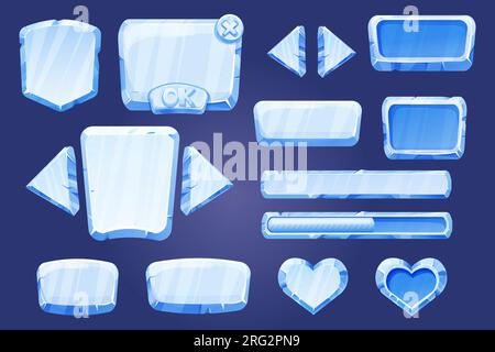 Imposta le risorse del menu di gioco pulsanti ICE, elementi di interfaccia 2d isolati in stile cartoni animati. Blocchi, forma pannelli gui bloccati, cursori, frecce. Illustrazione vettoriale Illustrazione Vettoriale