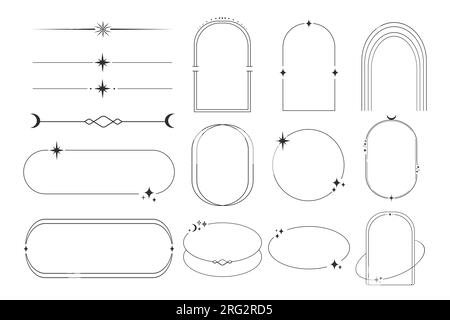 Set di cornici celesti, bordi in linea con decorazioni minimali esoteriche con scintille isolate su sfondo bianco. Illustrazione vettoriale Illustrazione Vettoriale