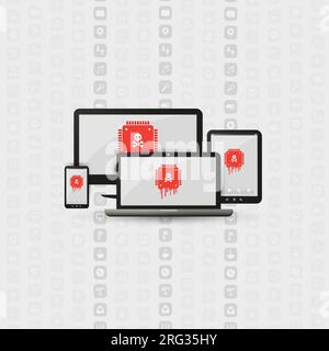 Vari dispositivi dotati di un processore interessato da vulnerabilità di Meltdown e Spectre Critical Security, che attivano attacchi informatici, password o. Illustrazione Vettoriale