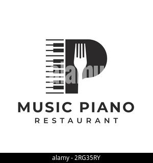 Logo Letter P per pianoforte o musica. con un utensile da cucina a forchetta. due variazioni nere su uno sfondo bianco isolato. si applica a restaur Illustrazione Vettoriale