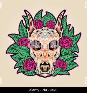 Cane che celebra il giorno dei morti con decorazioni floreali illustrazioni vettoriali per il logo del tuo lavoro, t-shirt di merchandising, adesivi e disegni di etichette, poster, Illustrazione Vettoriale