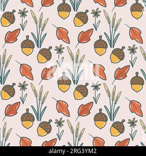 Accogliente motivo autunnale senza cuciture con ghiande, fiori ed erbe. Sfondo botanico carino. Stampa autunnale per tessuti, carta, carta da parati, design, vettoriale Illustrazione Vettoriale