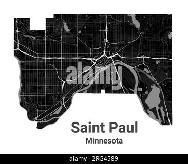 Mappa della città di Saint Paul, capitale dello stato USA del Minnesota. Confini amministrativi comunali, mappa dell'area in bianco e nero con fiumi e strade, parchi e Illustrazione Vettoriale