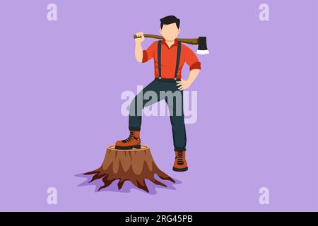 Stile piatto dei cartoni animati che disegna un taglialegna sorridente con camicia, jeans e stivali. Tenendo sulla spalla un'ascia che posa con un piede su un ceppo di albero. Felice Foto Stock