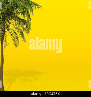 Sfondo giallo concept estivo con palme e spazio di copia, illustrazione di rendering 3d. Foto Stock