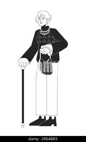 Vecchia donna elegante con personaggio vettoriale bianco e nero con linea piatta di bastone da passeggio Illustrazione Vettoriale