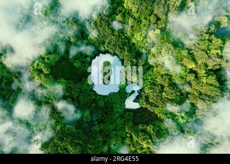 Un lago a forma di ossigeno nel mezzo di una foresta lussureggiante come metafora dei processi purificatori dell'aria attraverso la natura. rendering 3d. Foto Stock