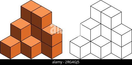 Cubi isometrici 3D per ogni forma utilizzando le linee tratteggiate su una griglia a punti. Il disegno della linea è su un foglio di matematica scolastico con sfondo bianco. Illustrazione Vettoriale