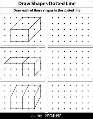 Cubi isometrici 3D per ogni forma utilizzando le linee tratteggiate su una griglia a punti. Il disegno della linea è su un foglio di matematica scolastico con sfondo bianco. Illustrazione Vettoriale