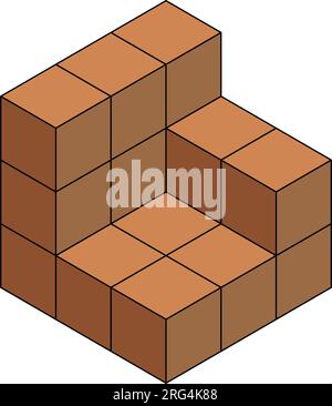 Cubi isometrici 3D per ogni forma utilizzando le linee tratteggiate su una griglia a punti. Il disegno della linea è su un foglio di matematica scolastico con sfondo bianco. Illustrazione Vettoriale