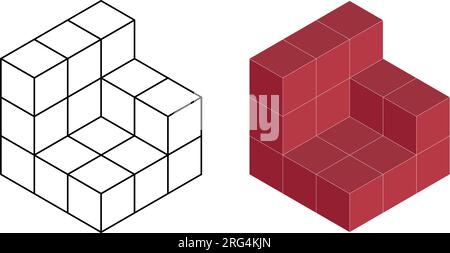 Cubi isometrici 3D per ogni forma utilizzando le linee tratteggiate su una griglia a punti. Il disegno della linea è su un foglio di matematica scolastico con sfondo bianco. Illustrazione Vettoriale