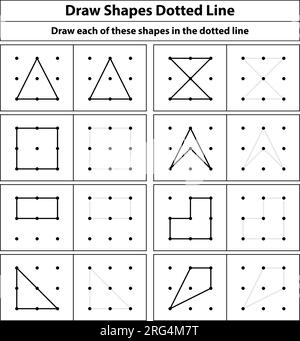 Esercitazione pratica: Disegnare un cubo isometrico su ciascuna di queste forme utilizzando le linee tratteggiate su una griglia di punti. Disegno di linee su un foglio di matematica della scuola Illustrazione Vettoriale