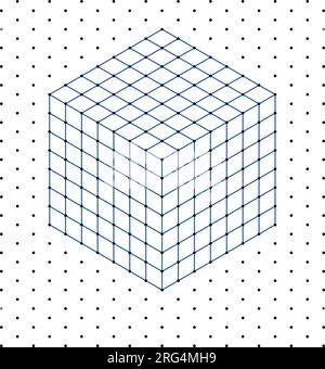 Cubi isometrici 3D per ogni forma utilizzando le linee tratteggiate su una griglia a punti. Il disegno della linea è su un foglio di matematica scolastico con sfondo bianco. Illustrazione Vettoriale