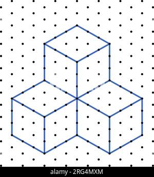 Cubi isometrici 3D per ogni forma utilizzando le linee tratteggiate su una griglia a punti. Il disegno della linea è su un foglio di matematica scolastico con sfondo bianco. Illustrazione Vettoriale
