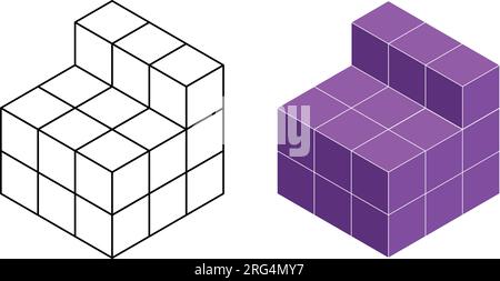 Cubi isometrici 3D per ogni forma utilizzando le linee tratteggiate su una griglia a punti. Il disegno della linea è su un foglio di matematica scolastico con sfondo bianco. Illustrazione Vettoriale