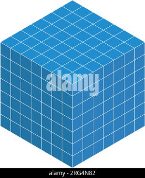 Cubi isometrici 3D per ogni forma utilizzando le linee tratteggiate su una griglia a punti. Il disegno della linea è su un foglio di matematica scolastico con sfondo bianco. Illustrazione Vettoriale