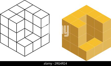 Cubi isometrici 3D per ogni forma utilizzando le linee tratteggiate su una griglia a punti. Il disegno della linea è su un foglio di matematica scolastico con sfondo bianco. Illustrazione Vettoriale