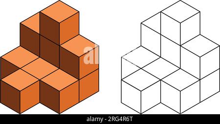 Cubi isometrici 3D per ogni forma utilizzando le linee tratteggiate su una griglia a punti. Il disegno della linea è su un foglio di calcolo scolastico con sfondo bianco." Illustrazione Vettoriale