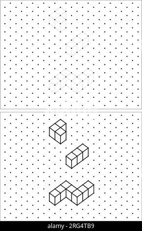 Esercitazione pratica: Disegnare un cubo isometrico su ciascuna di queste forme utilizzando le linee tratteggiate su una griglia di punti. Disegno di linee su un foglio di matematica della scuola Illustrazione Vettoriale