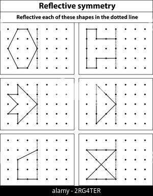 Griglia a punti simmetria riflettente ciascuna di queste forme dell'esercizio di pratica sulla linea tratteggiata. contesto. disegno a linee. Foglio di calcolo scolastico. Illustrazione Vettoriale