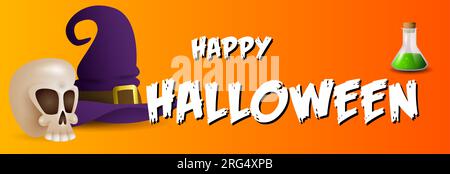 Buon Halloween, biglietti d'auguri con teschio, pozione e cappello Illustrazione Vettoriale