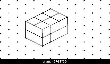 Cubi isometrici 3D per ogni forma utilizzando le linee tratteggiate su una griglia a punti. Il disegno della linea è su un foglio di calcolo scolastico con sfondo bianco." Illustrazione Vettoriale