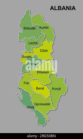 Mappa dell'Albania che mostra le province e le divisioni amministrative Illustrazione Vettoriale