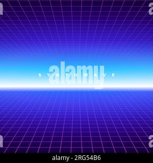 Sfondo della griglia retrò dell'onda di sintesi. Synthwave 80s Vapor Vector game poster neon futuristico spazio laser arcade Illustrazione Vettoriale