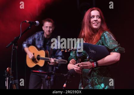 Northumbrian piper, Kathryn Tickell che si esibisce al Wickham Festival. 5 agosto 2023 Foto Stock