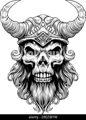 Viking Warrior Skull Man Mascot Face in casco Illustrazione Vettoriale