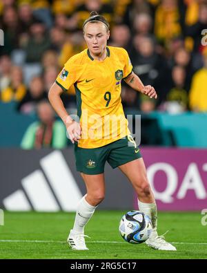 Sydney, Australia. 7 agosto 2023. Sydney, Australia, 7 agosto 2023: Caitlin Foord (9 Australia) controlla la palla durante la Coppa del mondo femminile FIFA 2023 Round 16 partita di calcio tra Australia e Danimarca allo Stadium Australia di Sydney, Australia. (Daniela Porcelli/SPP) credito: SPP Sport Press Photo. /Alamy Live News Foto Stock