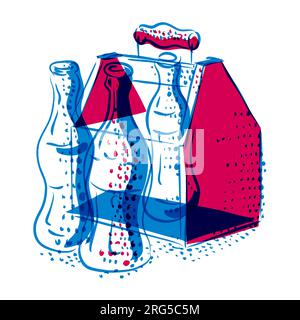 Tecnica di risografia illustrazione di una bottiglia di bibita o cola vintage con cassa di legno realizzata in stile serigrafico digitale con effetto retrò riso. Foto Stock