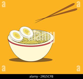 illustrazione vettoriale della zuppa di spaghetti gialla in una ciotola. mangiare noodles con le bacchette. Illustrazione Vettoriale