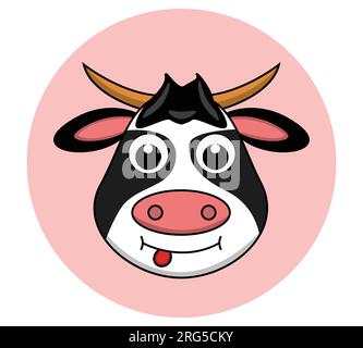 Vettore, logo, illustrazione di una mucca. Carina mucca, testa adorabile piccola mucca. mucca che fuoriesce dalla lingua. Illustrazione Vettoriale