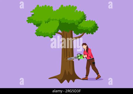 Disegno grafico a disegno piatto donna Logger taglio tronchi, albero in foresta. Operaio dell'industria del legno con la sega in mano. Legname tagliato da taglienti femminili, legno di legno, legno Foto Stock