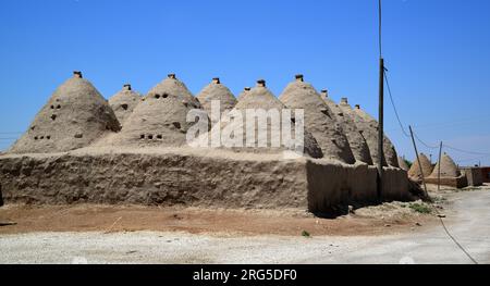 Il quartiere di Harran, situato nella città di Sanliurfa in Turchia, è una città turistica con le sue vecchie case e le antiche rovine. Foto Stock