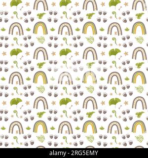 Tracciati di dinosauro senza cuciture. Sfondo di colore minimale con zampa, pietre, arcobaleno. Impronta dinosauro modello senza cuciture perfetto per Illustrazione Vettoriale