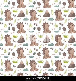 Tracciati di dinosauro senza cuciture. Sfondo di colore minimale con zampa, pietre, arcobaleno. Impronta dinosauro modello senza cuciture perfetto per Illustrazione Vettoriale