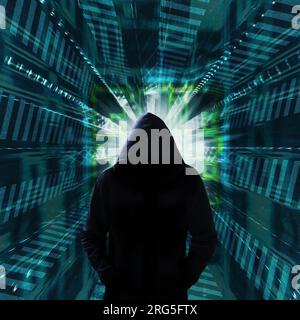 hooded misterioso hacker, ransomware e cyber attacco concetto Foto Stock