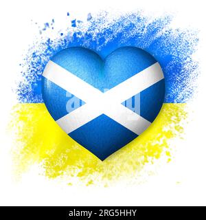 Bandiere di Ucraina e Scozia. Colore del cuore della bandiera sullo sfondo della bandiera dipinta dell'Ucraina. Il concetto di protezione e solidarietà. MIL Foto Stock