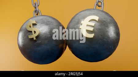 Confronto dei tassi di cambio euro e dollaro. Simboli oro euro e dollaro sulle catene, EURO valuta contro dollaro, EURO contro dollaro, lavoro 3D e illustr 3D. Foto Stock