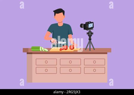 Disegno piatto di un giovane chef in uniforme in cucina e taglio di cipolla mentre si filma per il blog. Sul bancone della cucina c'è il veget Foto Stock