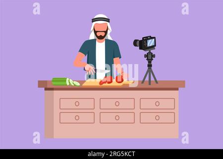 Personaggio piatto che disegna il giovane chef arabo in cucina e taglia la cipolla mentre filma se stesso per il canale del blog. Sul bancone della cucina c'è il vegetab Foto Stock