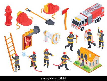 Set Isometrico di icone isolate per i vigili del fuoco con pezzi di equipaggiamento membri dell'equipaggio dei vigili del fuoco e illustrazione dei vettori delle case in fiamme Illustrazione Vettoriale