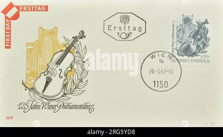 Lettera di copertina del primo giorno stampata dall'Austria, con francobollo cancellato che mostra il violino, 125 anni Vienna Philharmonics, circa 1967. Foto Stock