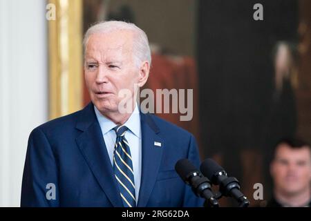 Washington, Stati Uniti. 7 agosto 2023. Il presidente Joe Biden ospita gli Houston Astros per una cerimonia che celebra la vittoria delle World Series 2022 nella East Room della Casa Bianca a Washington, DC lunedì 7 agosto 2023. Foto di Bonnie Cash/Pool/ABACAPRESS.COM credito: Abaca Press/Alamy Live News Foto Stock