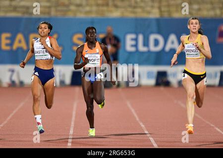 Gerusalemme, Israele. 7 agosto 2023. GERUSALEMME, ISRAELE - 7 AGOSTO: Shantell Kwofie dei Paesi Bassi durante 200m Women Heptathlon il giorno 1 dei Campionati europei di atletica leggera U20 a Gerusalemme il 7 agosto 2023. (Foto di Pablo Morano/Agenzia BSR) credito: Agenzia BSR/Alamy Live News Foto Stock