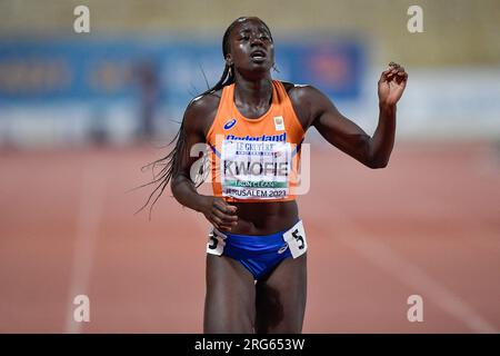 Gerusalemme, Israele. 7 agosto 2023. GERUSALEMME, ISRAELE - 7 AGOSTO: Shantell Kwofie dei Paesi Bassi durante 200m Women Heptathlon il giorno 1 dei Campionati europei di atletica leggera U20 a Gerusalemme il 7 agosto 2023. (Foto di Pablo Morano/Agenzia BSR) credito: Agenzia BSR/Alamy Live News Foto Stock