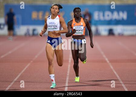 Gerusalemme, Israele. 7 agosto 2023. GERUSALEMME, ISRAELE - 7 AGOSTO: Shantell Kwofie dei Paesi Bassi durante 200m Women Heptathlon il giorno 1 dei Campionati europei di atletica leggera U20 a Gerusalemme il 7 agosto 2023. (Foto di Pablo Morano/Agenzia BSR) credito: Agenzia BSR/Alamy Live News Foto Stock